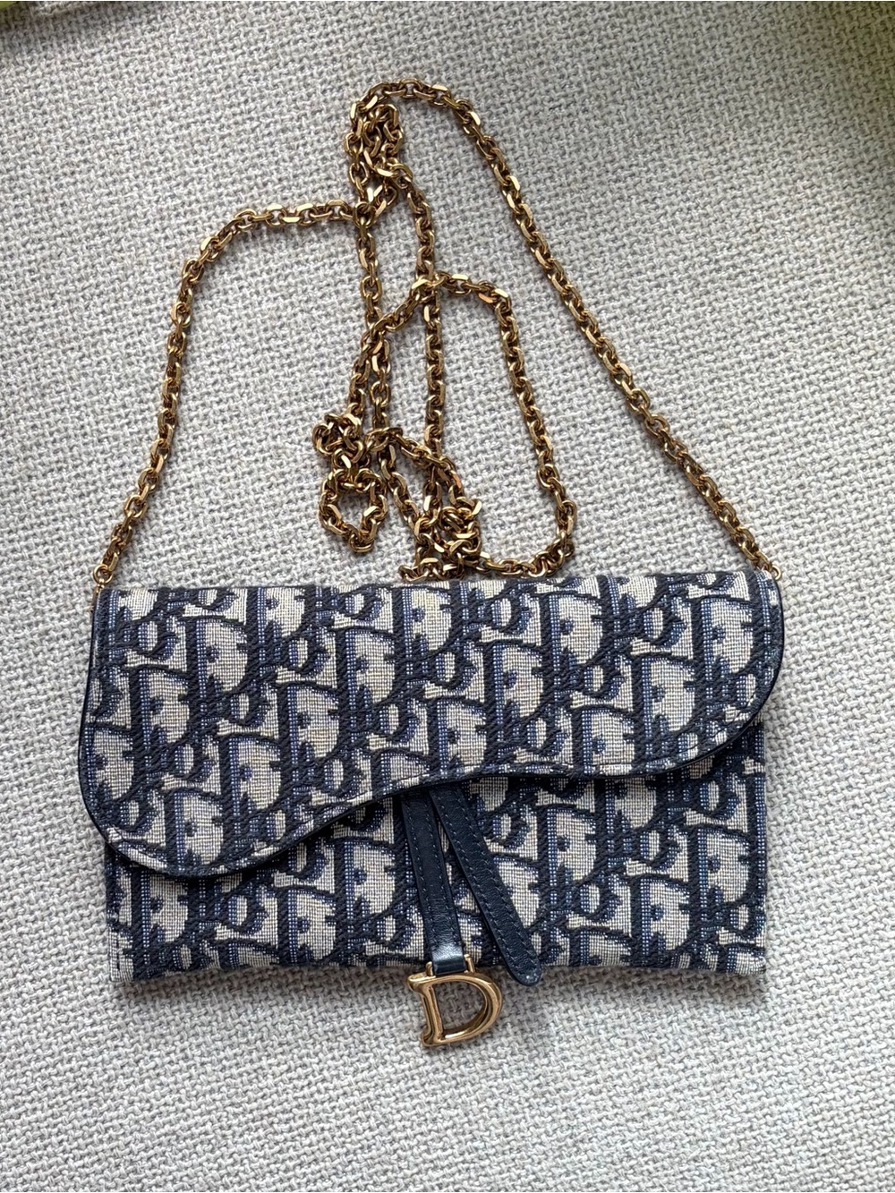Dior | Small Saddle Pouch with Chain in Blue Dior Oblique Jacquard